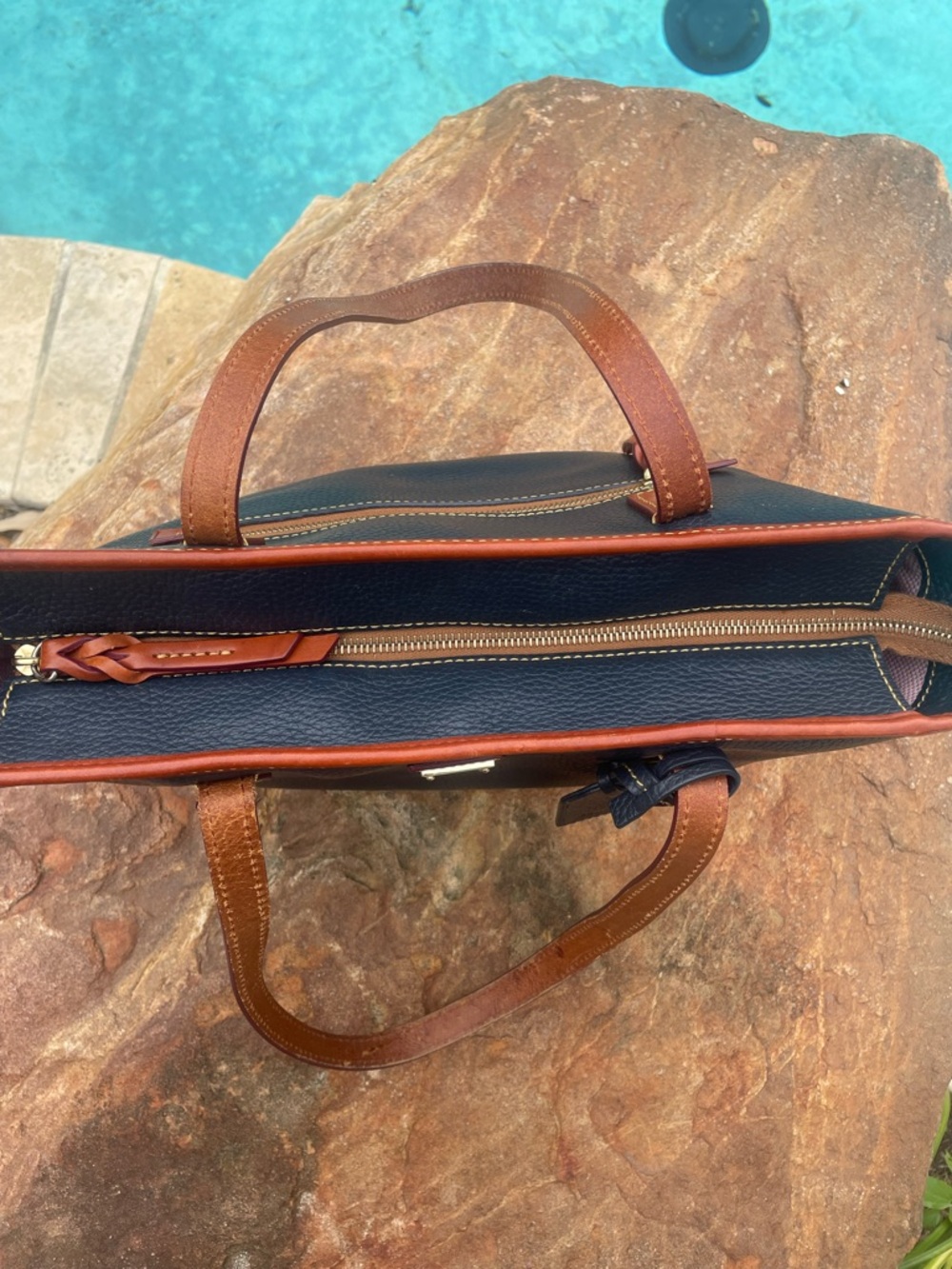 Dooney & Bourke Navy Pebble Grain Leather Tote British Tan Trim and Straps (CSR) - Picture 4 of 15
